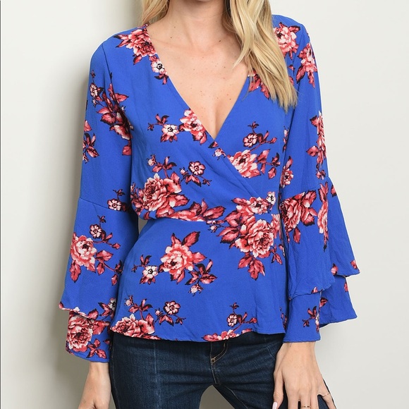 Tops - Blue Floral Wrap Top